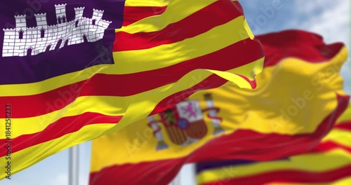 Close-up of the Balearic Islands flags waving in the wind