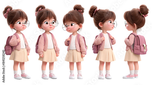 A pensive cartoon girl with a pink backpack embarks on her learning journey with endearing on transparent background