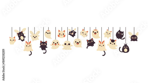 Hanging Halloween Delights: A whimsical arrangement of Halloween-themed ornaments, including playful ghosts, cute cats, and charming creatures, creating a cheerful and festive ambiance.