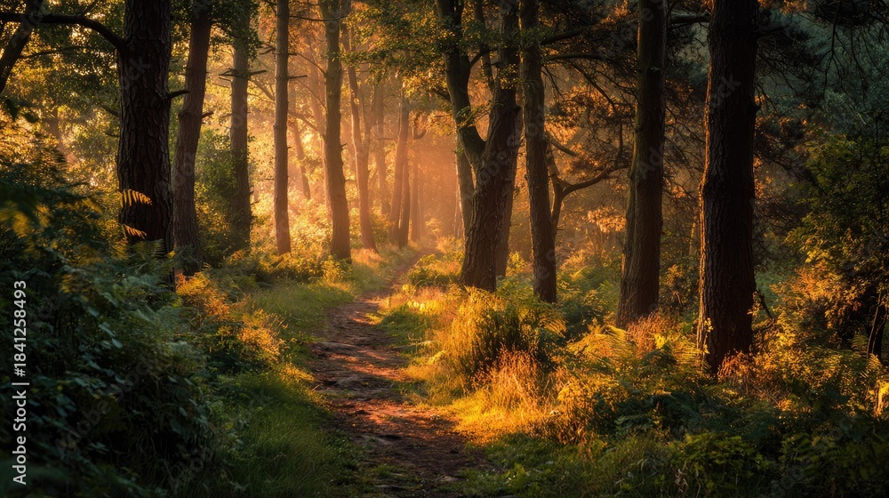 Obraz premium Sunlit Forest Path with Greenery and Dark Trees at Dawn