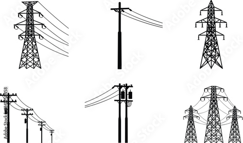 PrintElectrical transmission towers, utility poles, power line silhouettes, energy infrastructure, high voltage grid, electricity distribution, black vector illustration set