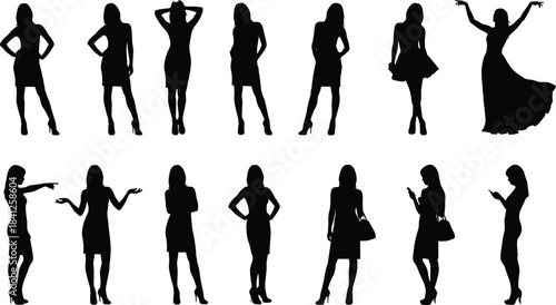 Female silhouette collection, fashion poses, women in dresses and heels, gesture variety, black vector icons, lifestyle illustration