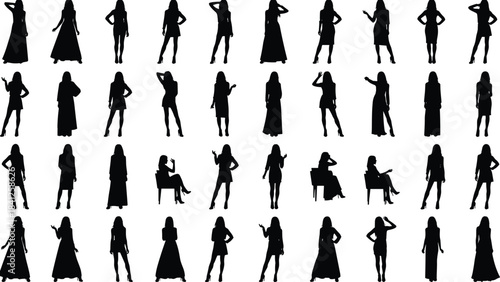 Female silhouette poses, fashion figures, diverse outfits, standing and sitting women, gesture icons, black vector, posture, style, elegance