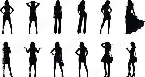 Female silhouette collection, fashion and gesture variety, casual and formal attire, black vector icons, lifestyle and design illustration