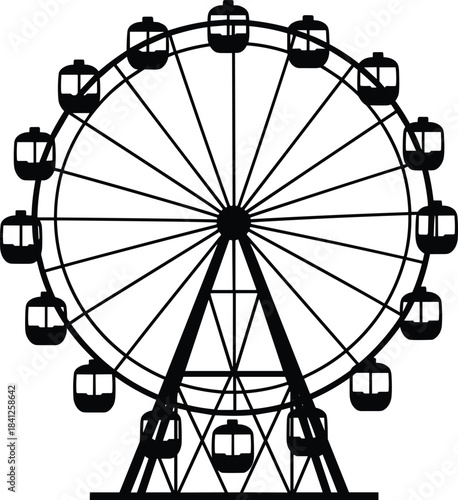Ferris wheel silhouette, amusement ride, black vector, circular frame, passenger cabins, white background, mechanical design, rotational motion, fairground icon, engineering shape