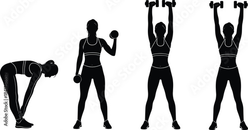 PriFitness exercise silhouette set, dumbbell workout poses, stretching and strength training, black vector illustration for gym and health conceptsnt