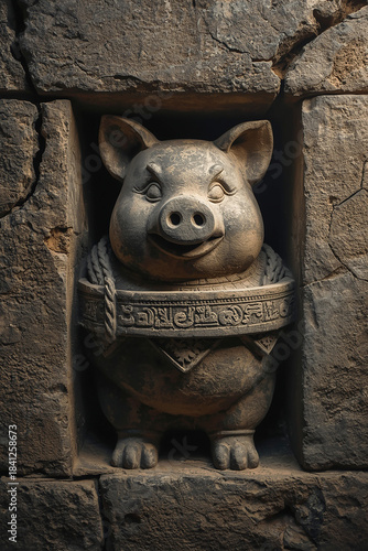 Ancient Stone-Carved Piggy Bank Emblem