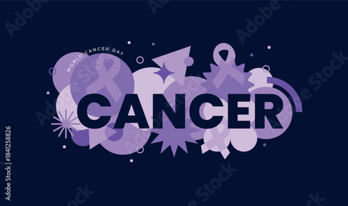 world cancer day. human fist with purple ribbon. Stop cancer banner on purple color background. International Cancer Day February 4th flat design