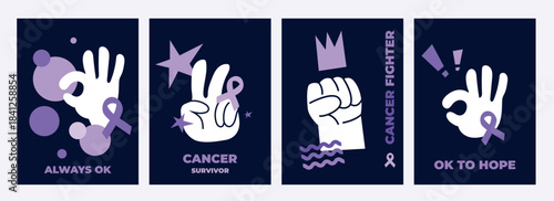 world cancer day. human fist with purple ribbon. Stop cancer banner on purple color background. International Cancer Day February 4th flat design