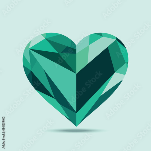 Vector image of a heart-shaped gemstone, a natural mineral, a diamond, or an emerald-green crystal. Perfect for Valentine's Day card designs on themes of luxury, love, health, and ecology