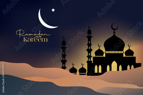 Islamic Night Sky Background with Ramadan kareem typography and Mosque over Sand Dunes