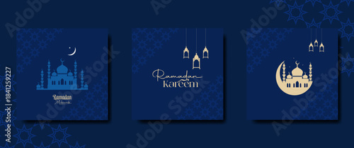 Ramadan Mubarak social media post and greeting card set with mosque silhouette, crescent moon, and Arabic lanterns on a deep blue background for the holy month of fasting.