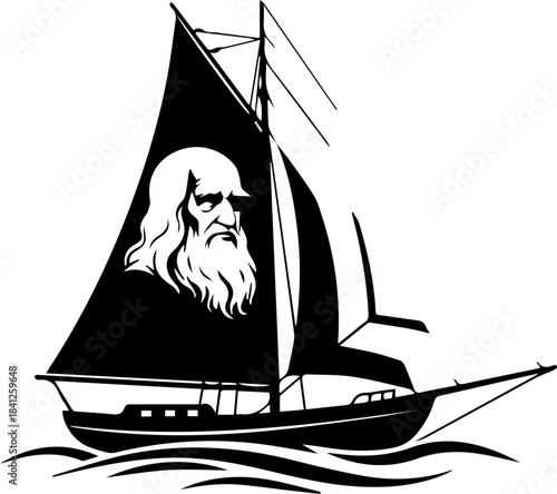 Leonardo da Vinci sails the seas on a ship, navigating through time and innovation, blending art and science in an adventurous voyage of discovery