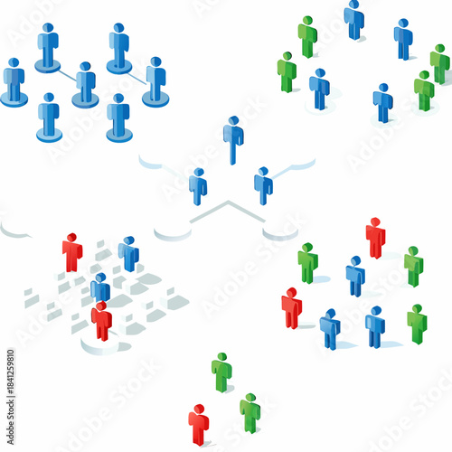Abstract representation of network connections and hierarchical team structures with colorful figures