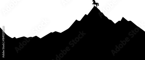 Majestic unicorn silhouette stands triumphantly atop a mountain peak, symbolizing success, fantasy, and reaching the summit of dreams in this vector art