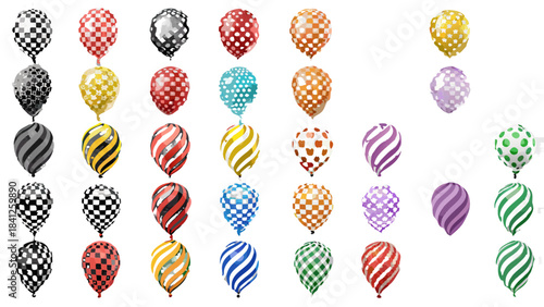 A colorful collection of patterned balloons against a dark background