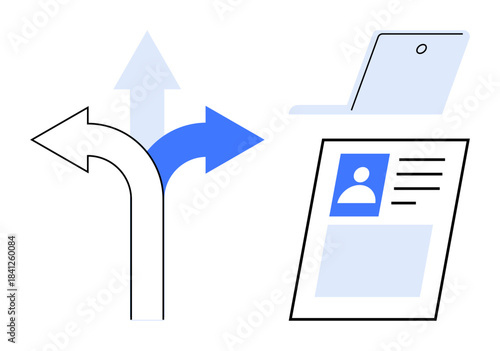 Career guidance. Career pathways illustrated with arrows, a laptop, and a digital profile concept. Career choices, online job applications, and professional growth . Ideal for employment, education