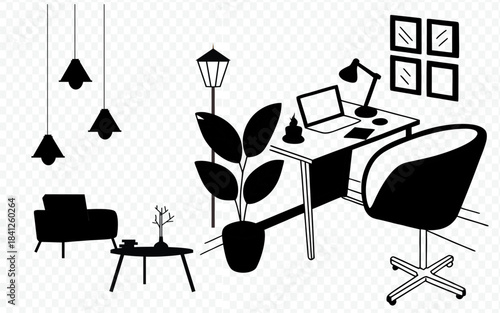 Furniture outline front view architectural designs. Set of isolated linear interior icons. Vector elements for apartments, living room, 