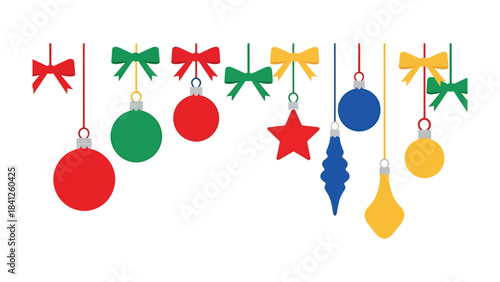 Festive Ornaments in Vibrant Colors: A cheerful array of colorful Christmas ornaments hanging with ribbons, perfect for spreading holiday cheer.