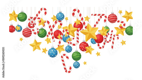 Festive Ornament: A vibrant array of hanging Christmas ornaments including baubles, stars, and candy canes that creating festive holiday spirit. 