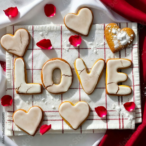A tray of heart-shaped cookies with white icing forms the word LOVE on a white and red checkered cloth, surrounded by scattered rose petals for a romantic Valentine setting.