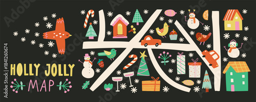 Christmas new year clipart map. Holiday gifts, houses, christmas tree, birds, cars and roads. Holiday seasonal vector illustrations in retro groovy style