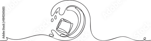 Continuous single line art illustration of a wave splashing around an ice cube, minimalist fluid motion design in clean outline vector illustration