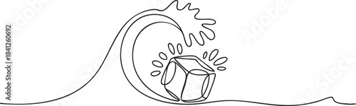 Continuous single line art illustration of a wave splashing around an ice cube, minimalist fluid motion design in clean outline vector illustration