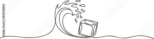 Continuous single line art illustration of a wave splashing around an ice cube, minimalist fluid motion design in clean outline vector illustration