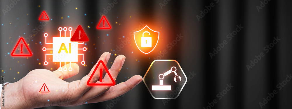 Naklejka premium Hand is holding glowing icons representing AI, security, and automation, surrounded by warning symbols, suggesting potential dangers. Concept of artificial intelligence risk management