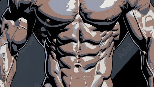 Detailed graphic illustration of a highly muscular male torso with defined abs and chest.