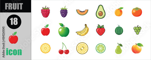 Fruit Icon Set Collection 18 Colorful Gradient Vector Illustrations Fresh Healthy Food Organic Nutrition Symbols