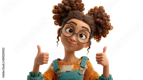 A spirited cartoon girl with pigtails beaming with confidence and giving two thumbs up against on transparent background
