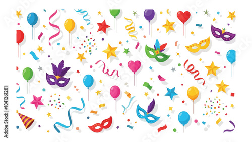 Carnival Fiesta: A vibrant explosion of party elements including festive mask, whimsical stars, floating balloons, colorful confetti, and joyful ribbons creates a celebratory atmosphere.