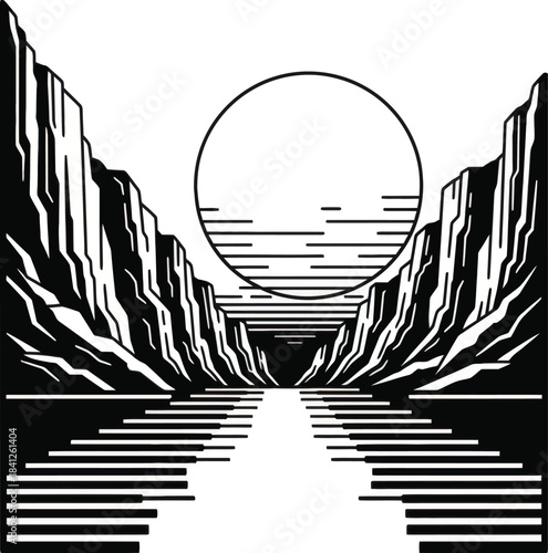 Abstract Mountain Landscape with Sun Vector