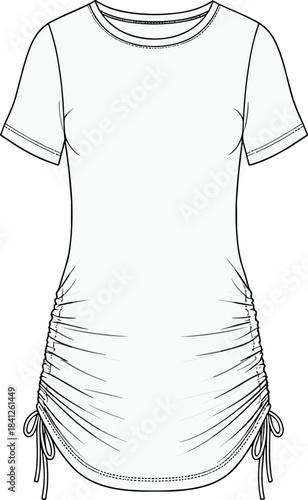 Ruched side drawstring t-shirt flat sketch, women’s fitted top design, technical fashion CAD drawing, apparel vector illustration template for designers