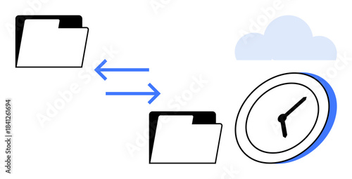 Data backup, file management, cloud storage, time tracking, digital organization, file sharing. Two folders exchanging data, a clock and cloud icon. Data backup and file management concept
