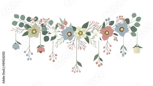 Floral Cascade: A beautiful illustration of an arrangement with an arc of delicate blossoms and foliage. capturing the elegance and natural beauty.