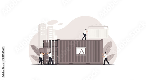 Streamlined logistics with workers handling shipping containers in a modern city, showcasing efficiency and global trade solutions for your business needs