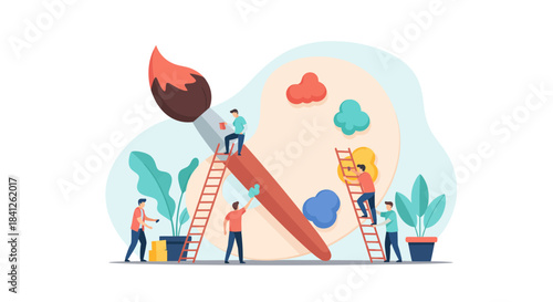 Creative team working on art project with vibrant colors and playful design, ideal for inspiring artistic expression and collaboration in any creative field