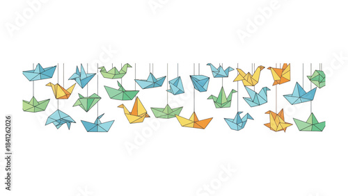 Origami Art: A vibrant collection of handmade origami creations, suspended delicately, showcases the beauty of paper folding and the creativity of this unique art form.