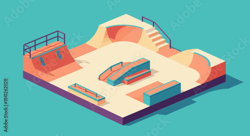 Isometric skatepark design perfect for game development or urban planning visualizations with a modern, youthful vibe and a playful color palette