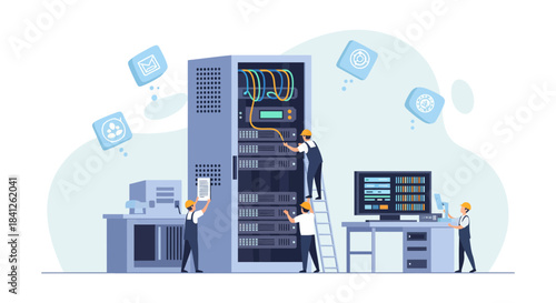 Dedicated team maintaining server room infrastructure, ensuring seamless connectivity and data security, vital for cloud computing and IT operations