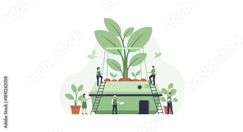 Innovative urban farming concept with diverse team tending to plants, symbolizing sustainable agriculture and community engagement in a modern, clean setting