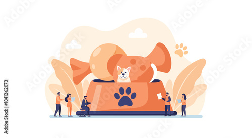 Adorable puppy in oversized bowl inspires creative brainstorming among happy team members, sparking innovative pet product design and fostering a fun workplace