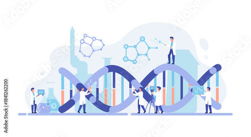 Innovative scientists collaborating on DNA research in modern laboratory, advancing medicine and biotechnology for a healthier future