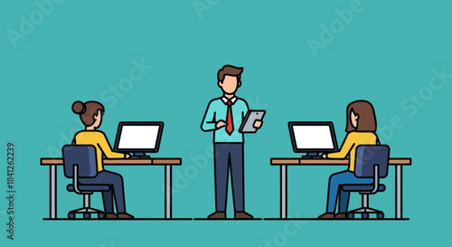 Dynamic team in a modern workspace boosting productivity and collaboration, with manager leading office team to success and efficiency in bright environment