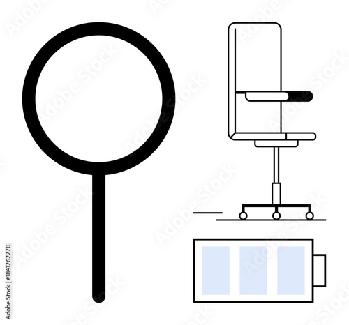 Office efficiency, workplace fatigue, energy management, creativity focus, modern design, employee wellness. Magnifying glass, office chair low battery icon. Office efficiency workplace fatigue