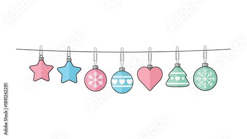 Festive Ornaments: A charming string of handcrafted ornaments of varying shapes and sizes, suspended in a row against a muted background. Each ornament is a unique, offering a glimpse of seasonal joy.