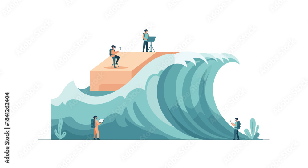 Naklejka premium Dynamic team navigating market volatility and disruption with digital tools, symbolizing resilience and innovation in a changing business landscape